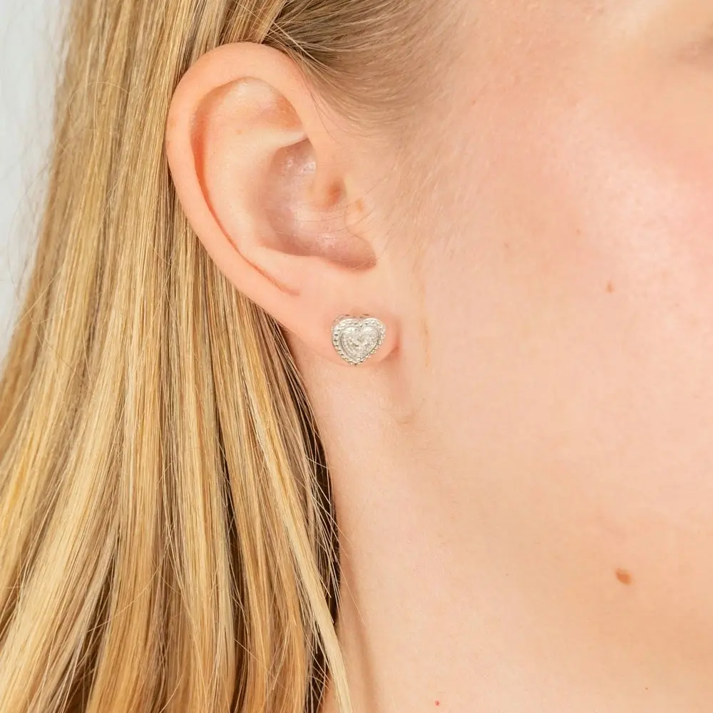 Diamond Heart Shape Earring Studs in Sterling Silver