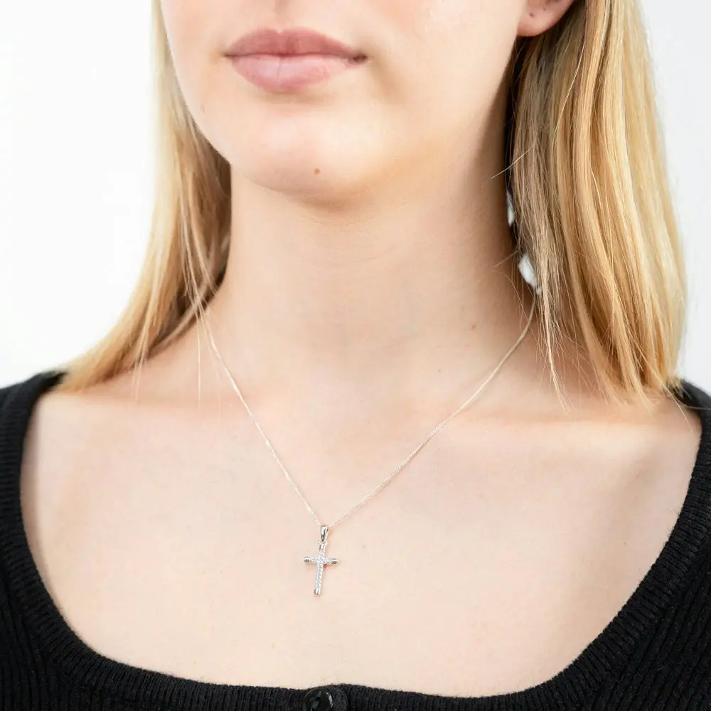 Sterling Silver Rhodium Plated Cubic Zirconia Cross Pendant