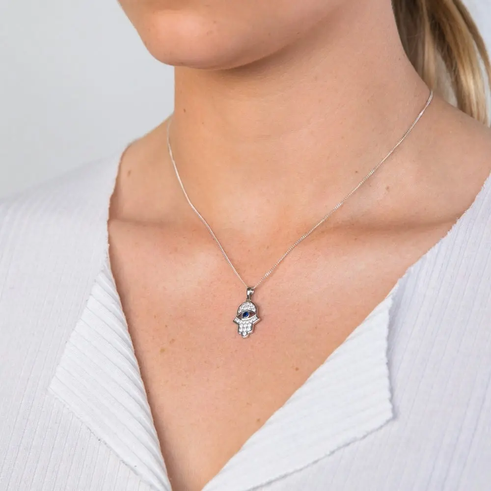 Sterling Silver Cubic Zirconia Hamsa Evil Eye Pendant