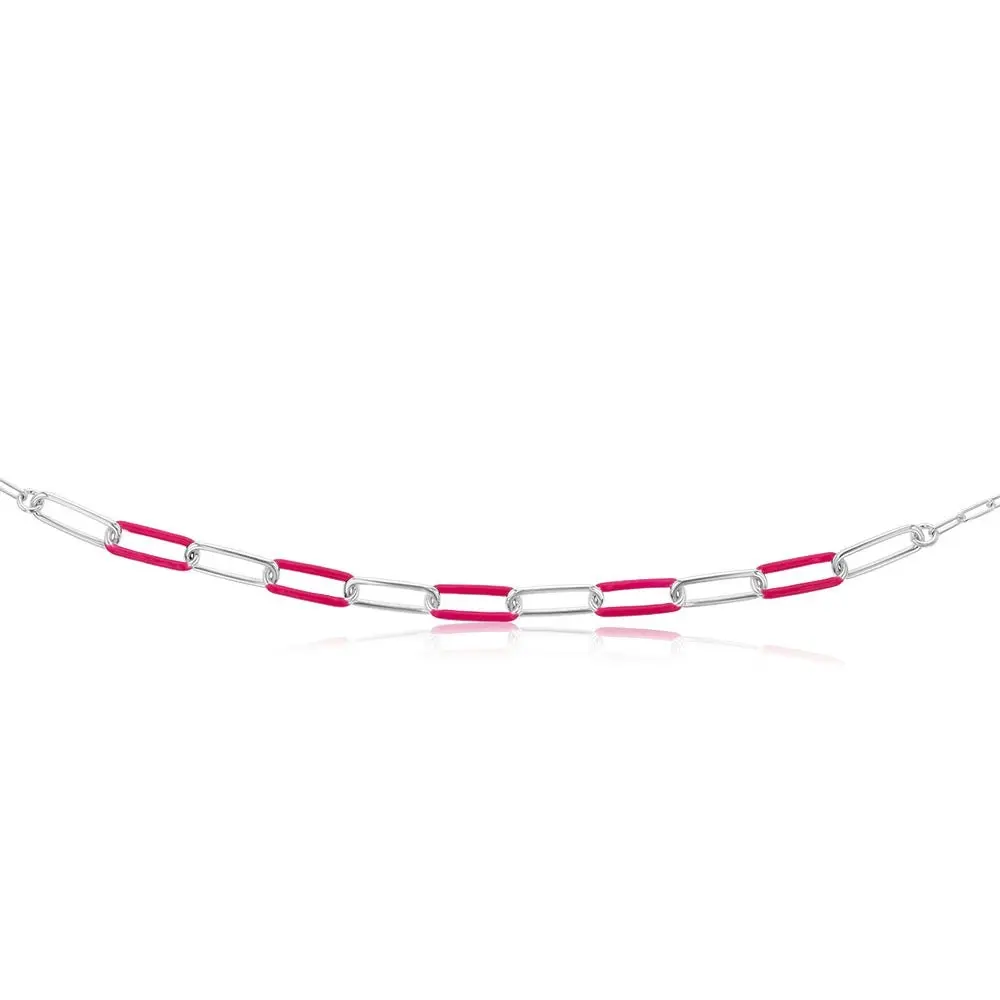 Sterling Silver Pink Enamel On Fancy 40cm Chain