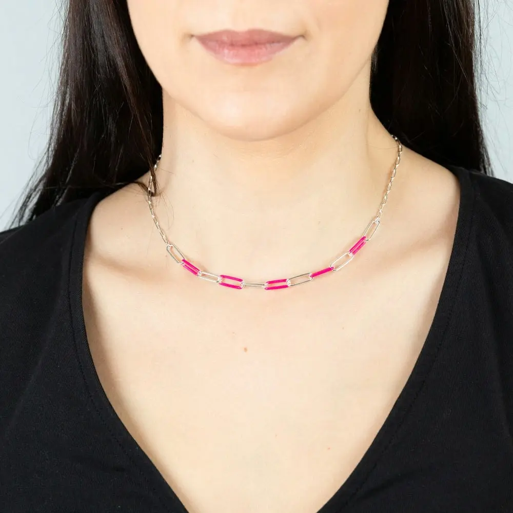 Sterling Silver Pink Enamel On Fancy 40cm Chain