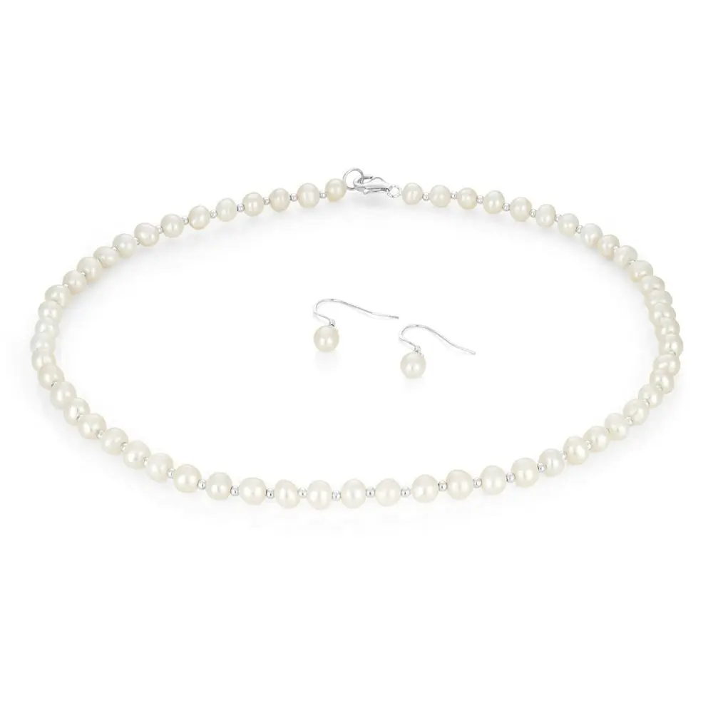 Sterling Silver White Freshwater Pearl Chain & Earring Boxed Set