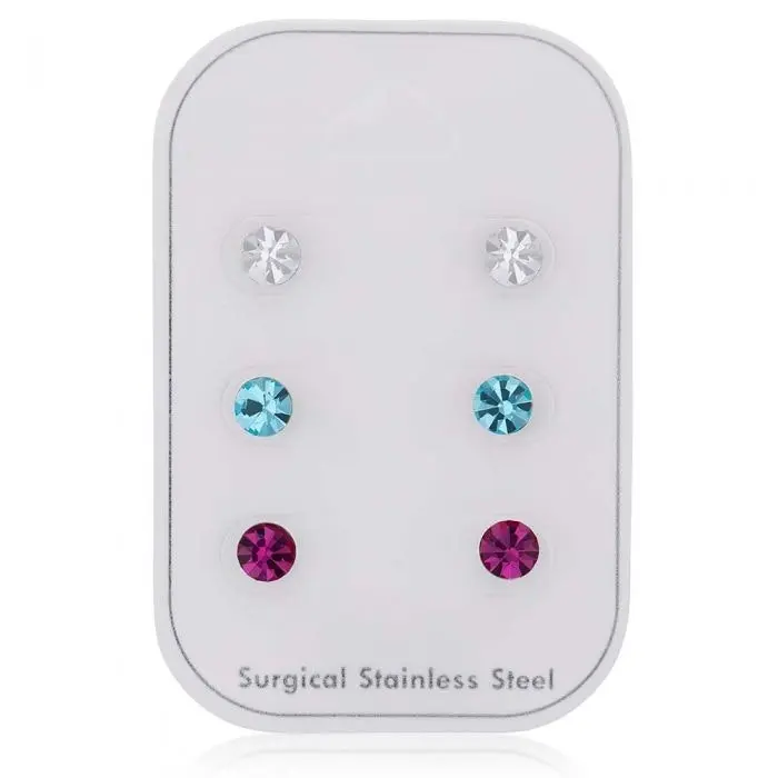 Stainless Steel Crystal Studs Set of 3 - White Aqua Fucshia