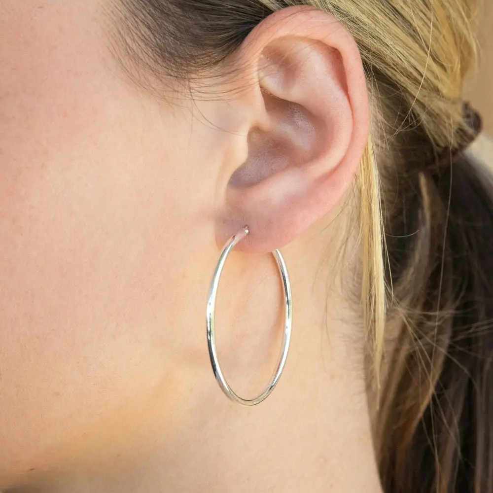 Sterling Silver 40mm Plain Thin Hoop Earrings