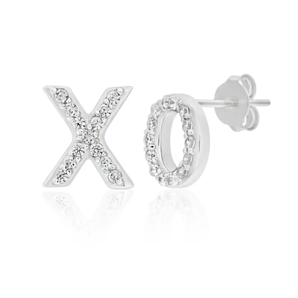 Sterling Silver Rhodium Plated Cubic Zirconia XO Stud Earrings