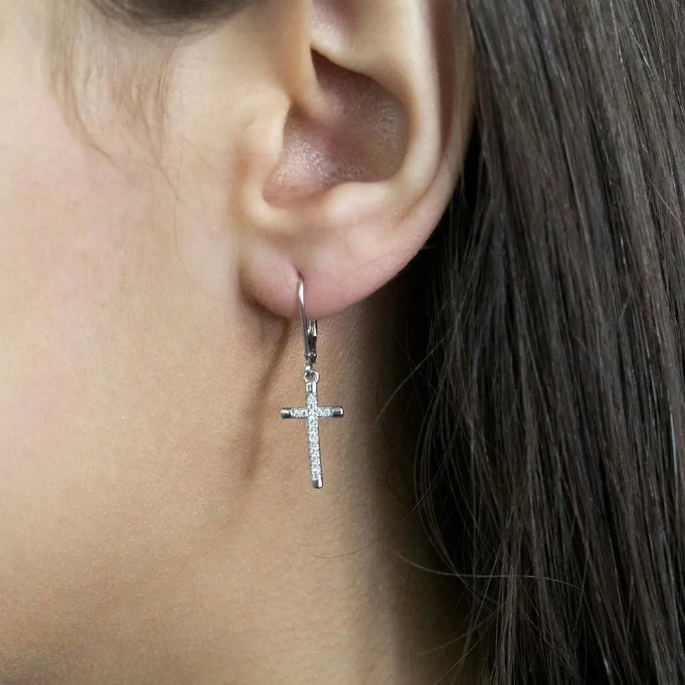 Sterling Silver Zirconia Cross Lever Back Earrings