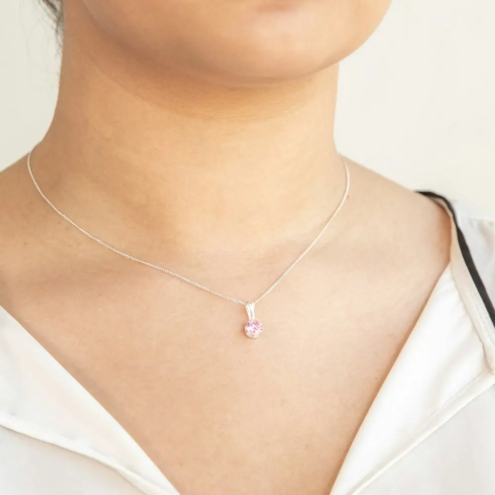 Sterling Silver Pink Cubic Zirconia Stud Earrings and Pendant on Chain Set