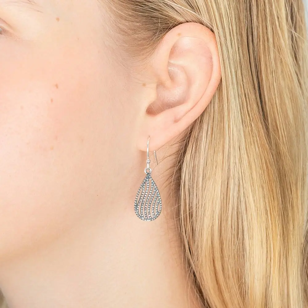 Sterling Silver Teardrop Milgrain Drop Earrings