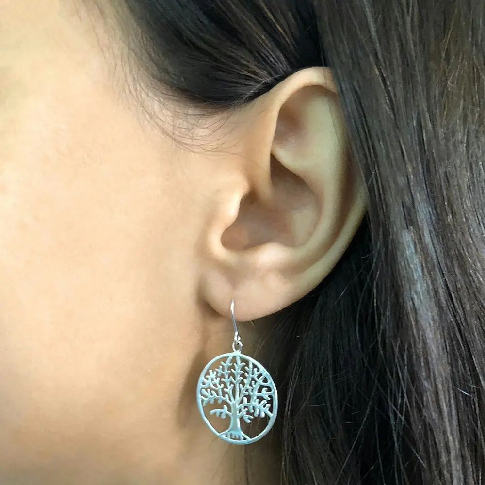 Sterling Silver Tree of Life in Circle Drop Earrings