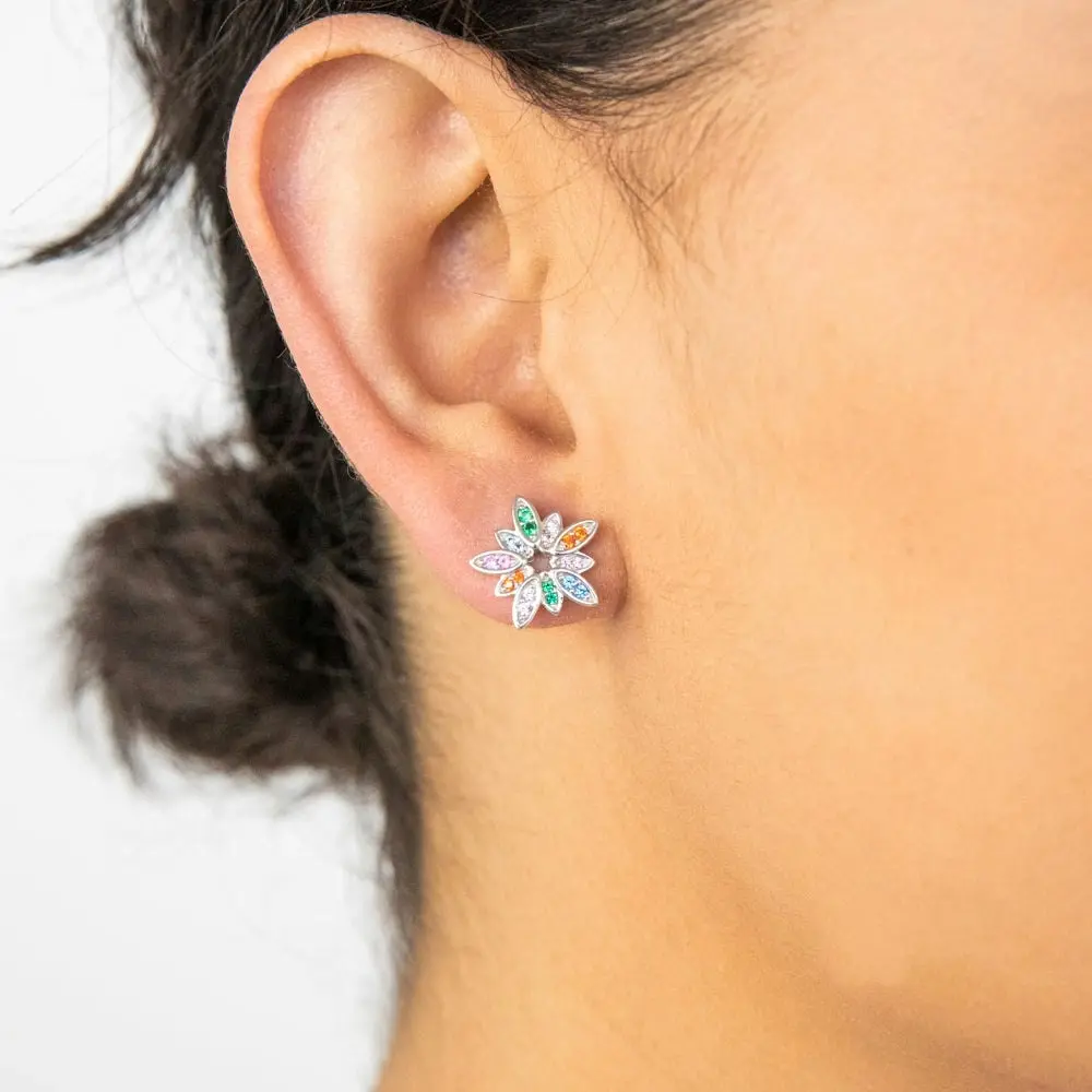 Sterling Silver Rainbow Multicolour Cubic Zirconia Flower Stud Earrings