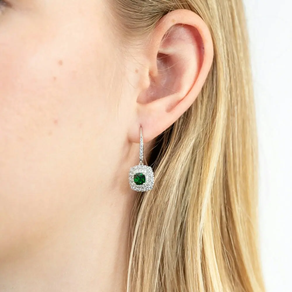 Sterling Silver Rhodium Plated Green And White Cubic Zirconia Cushion Drop Earrings