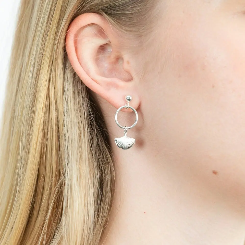 Sterling Silver Shell On Hoop Drop Earrings