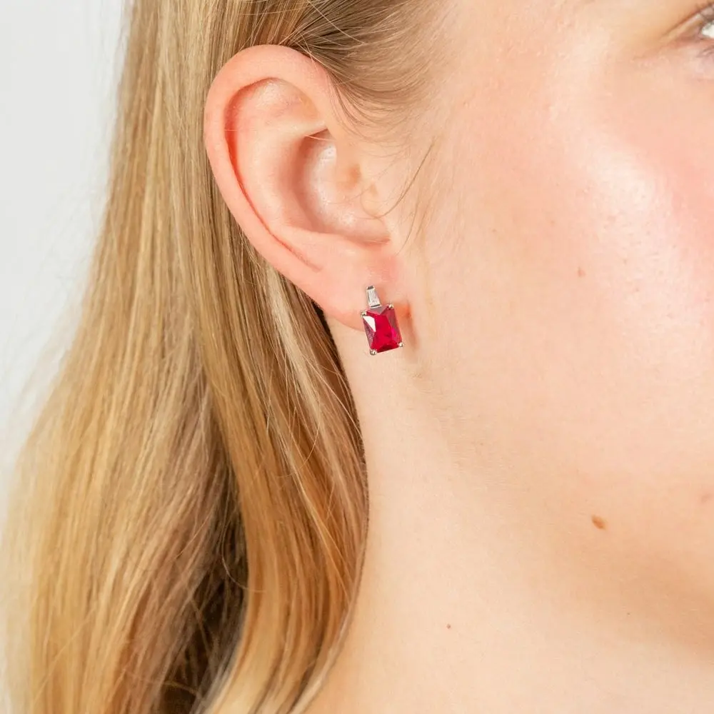 Sterling Silver Rhodium Plated Created Ruby And Cubic Zirconia Stud Earrings