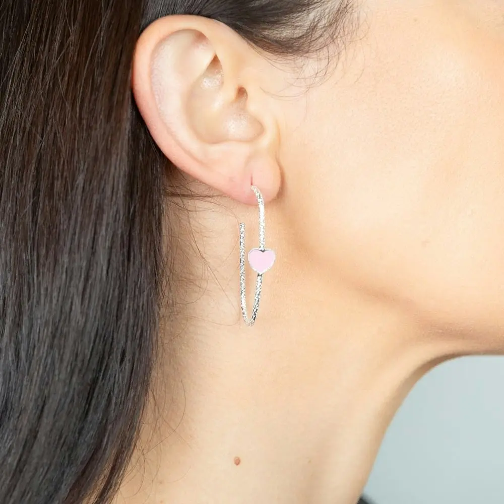 Sterling Silver Pink Enamel Heart Textured Open Hoop Earrings