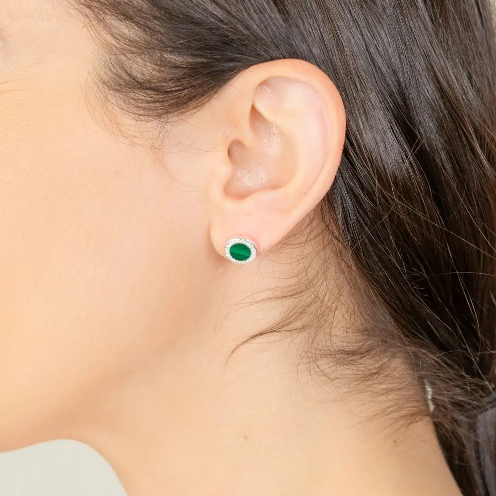 Sterling Silver Cubic Zirconia And Created Malachite Round Stud Earrings