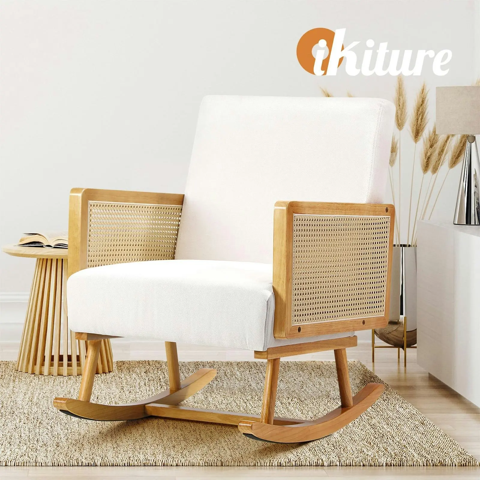 Oikiture Rocking Chair Nursing Armchair Linen Accent Chairs PE Rattan Beige