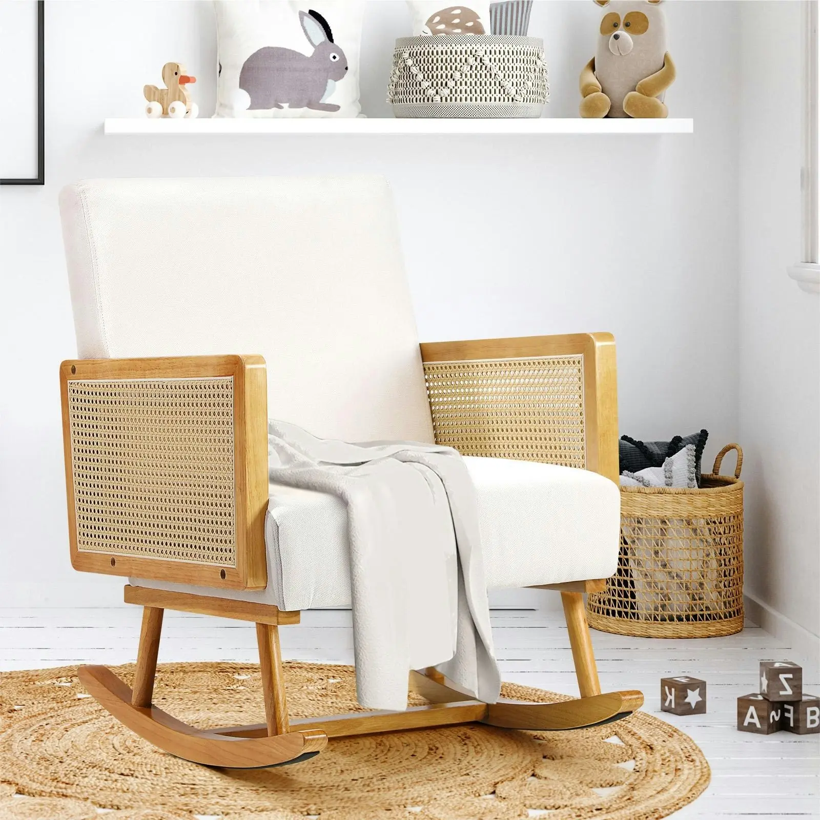 Oikiture Rocking Chair Nursing Armchair Linen Accent Chairs PE Rattan Beige