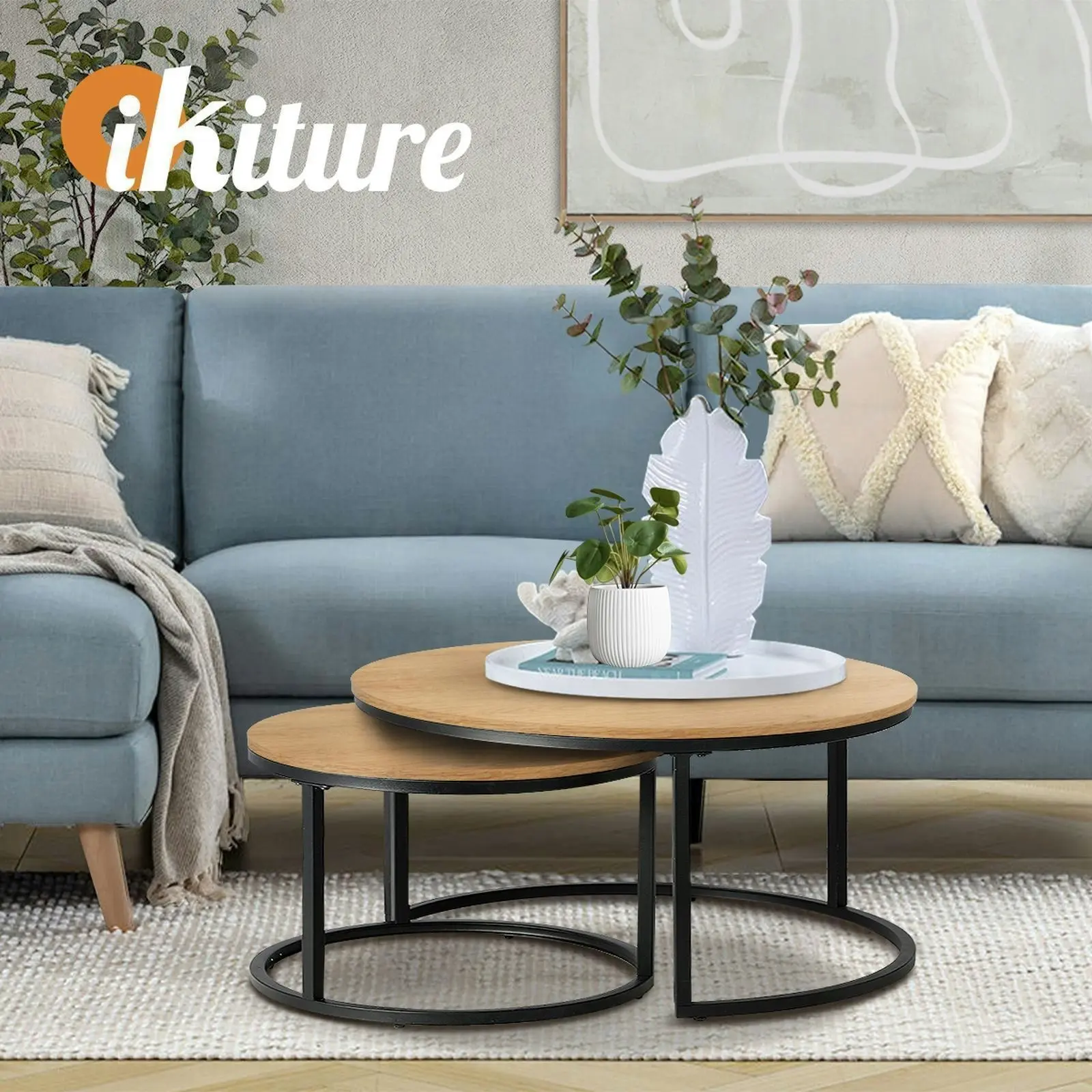 Oikiture Set of 2 Coffee Table Round Nesting Side End Table Natural