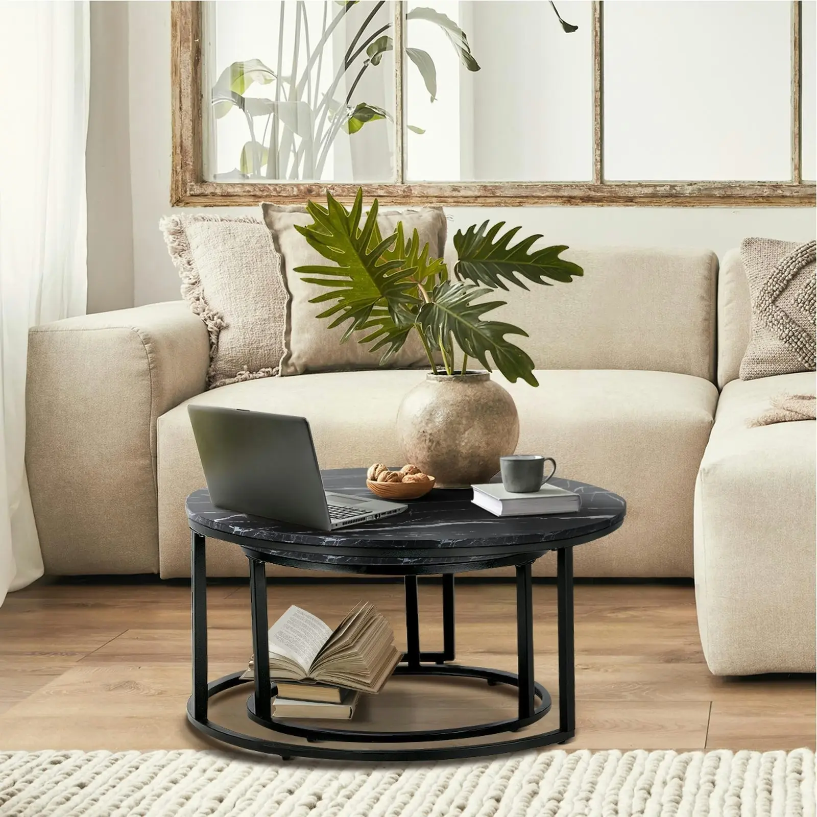 Oikiture Set of 2 Coffee Table Round Nesting Side End Table Black