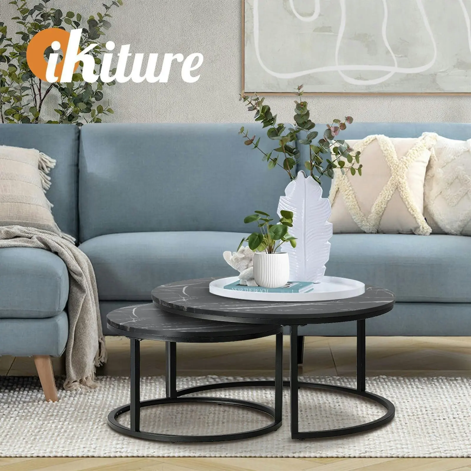 Oikiture Set of 2 Coffee Table Round Nesting Side End Table Black