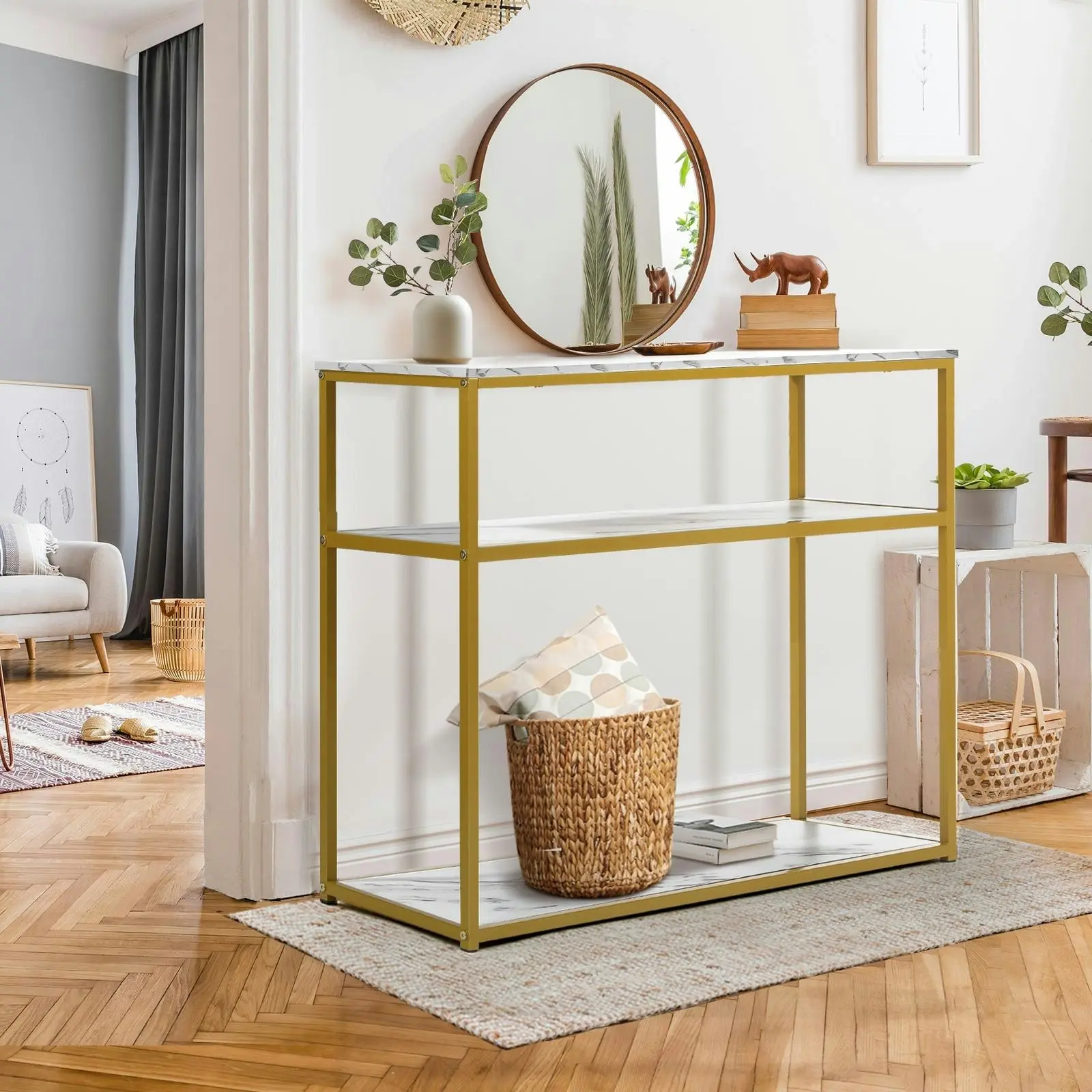 Oikiture Hall Console Table Metal Hallway Desk Entry Display White&Gold Furniture