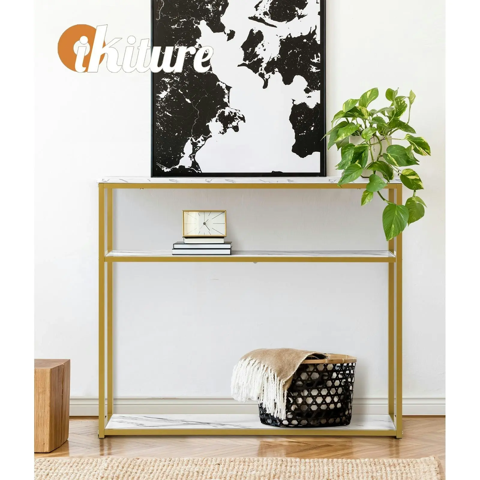 Oikiture Hall Console Table Metal Hallway Desk Entry Display White&Gold Furniture