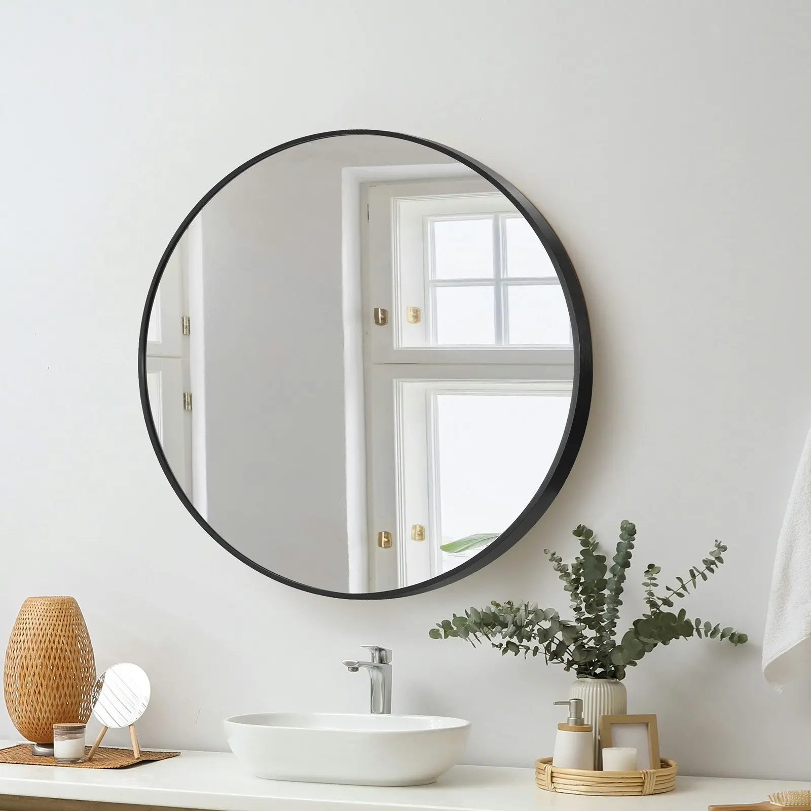 Oikiture 60cm Wall Mirrors Round Makeup Mirror Home Decor Black Living Room