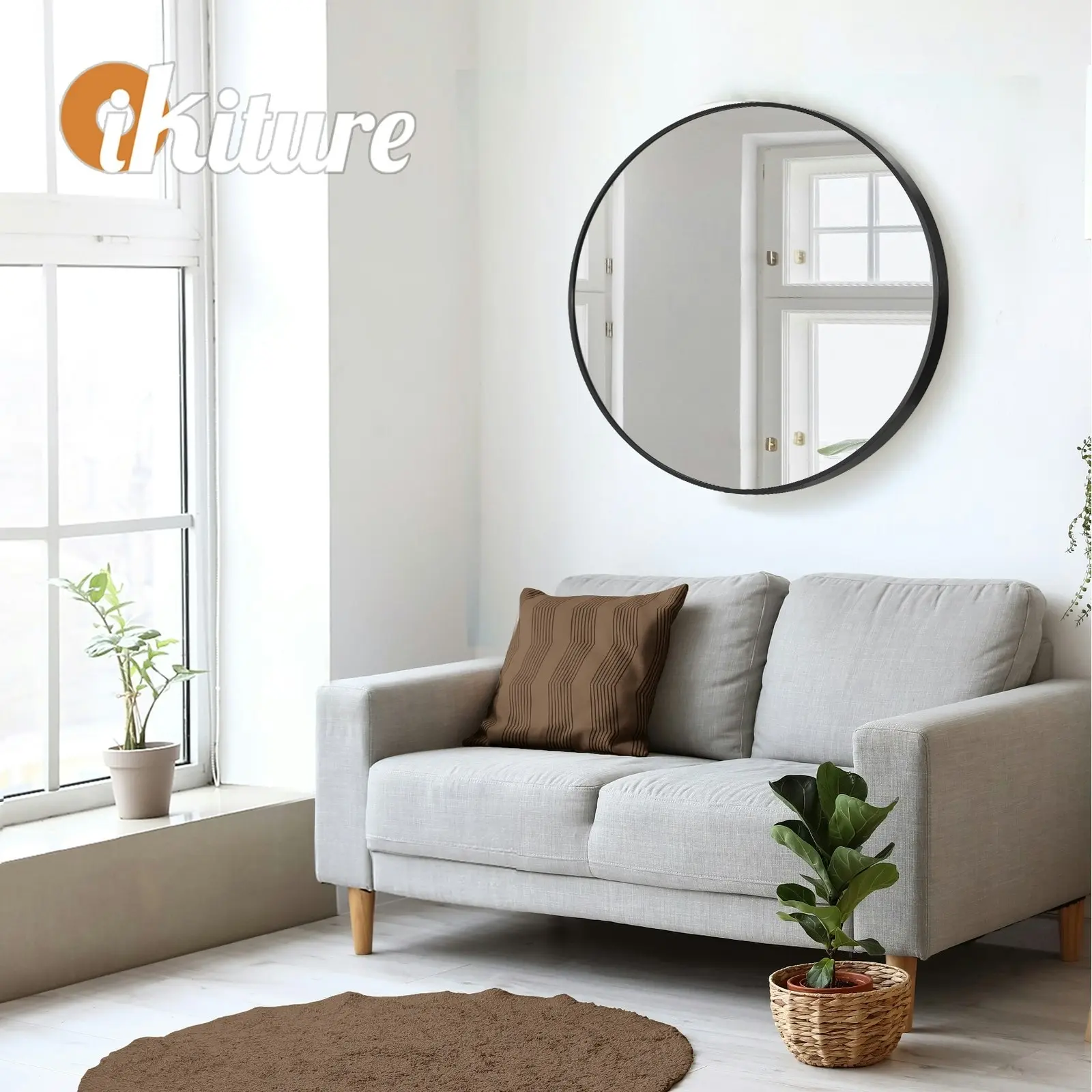 Oikiture 60cm Wall Mirrors Round Makeup Mirror Home Decor Black Living Room