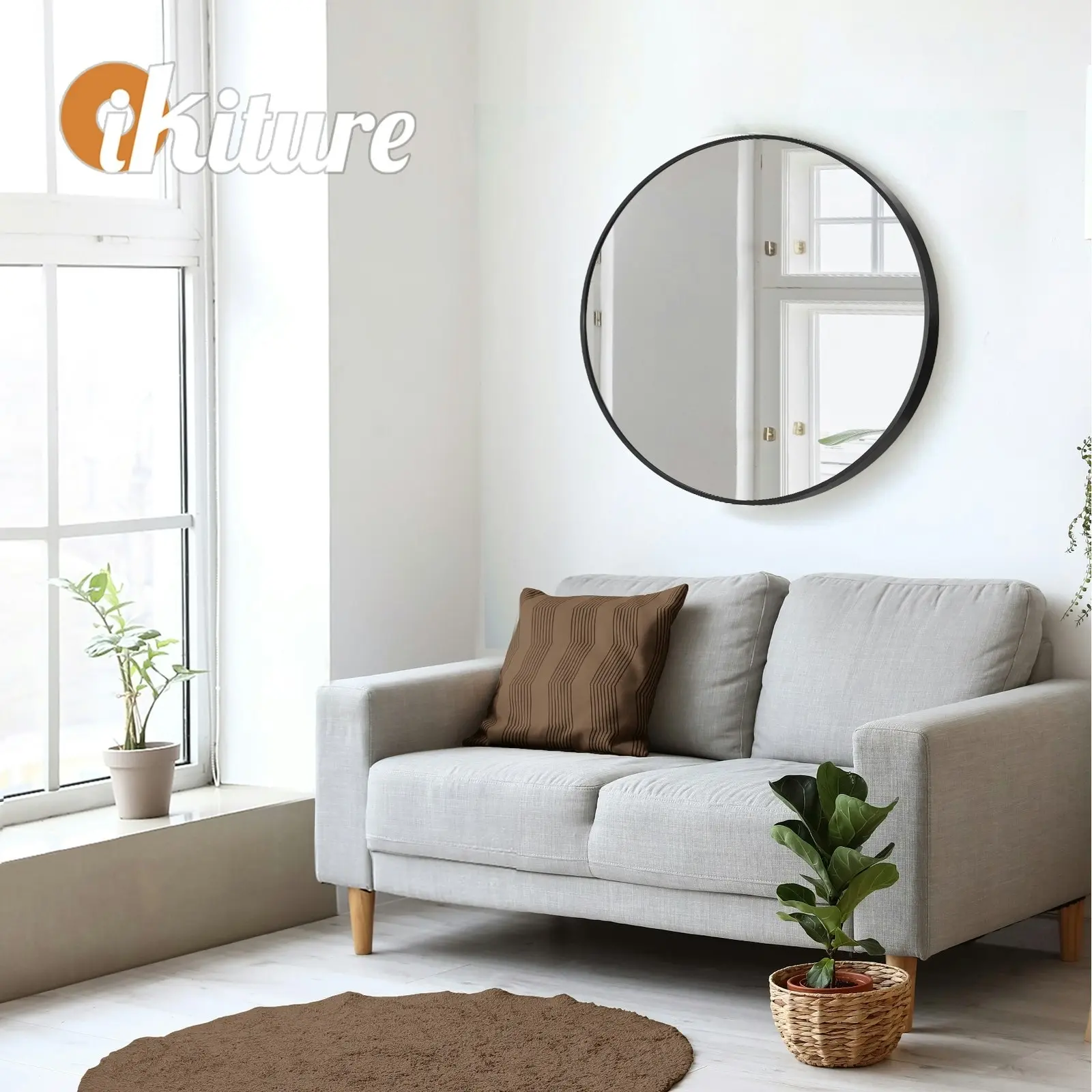 Oikiture Wall Mirrors Round Makeup Mirror Vanity Home Decor 50cm Black Bedroom