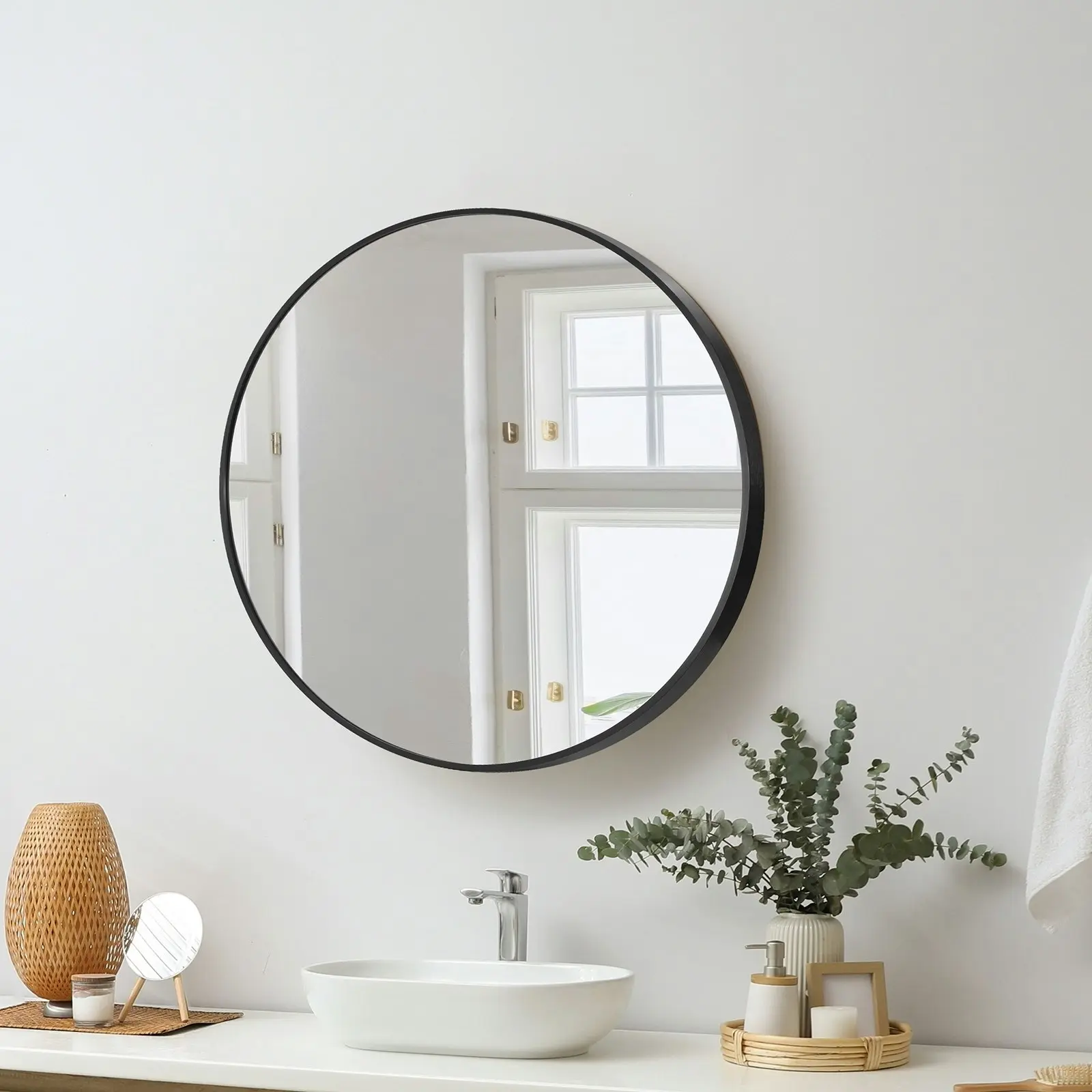 Oikiture Wall Mirrors Round Makeup Mirror Vanity Home Decor 50cm Black Bedroom