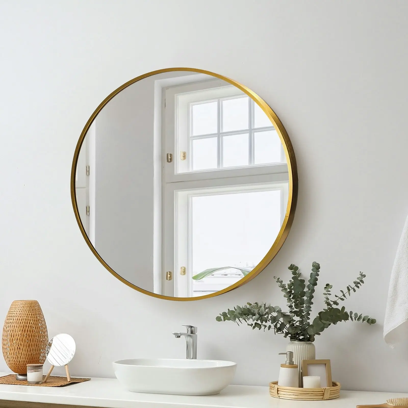 Oikiture 60cm Wall Mirrors Round Makeup Mirror Home Decor Gold Living Room