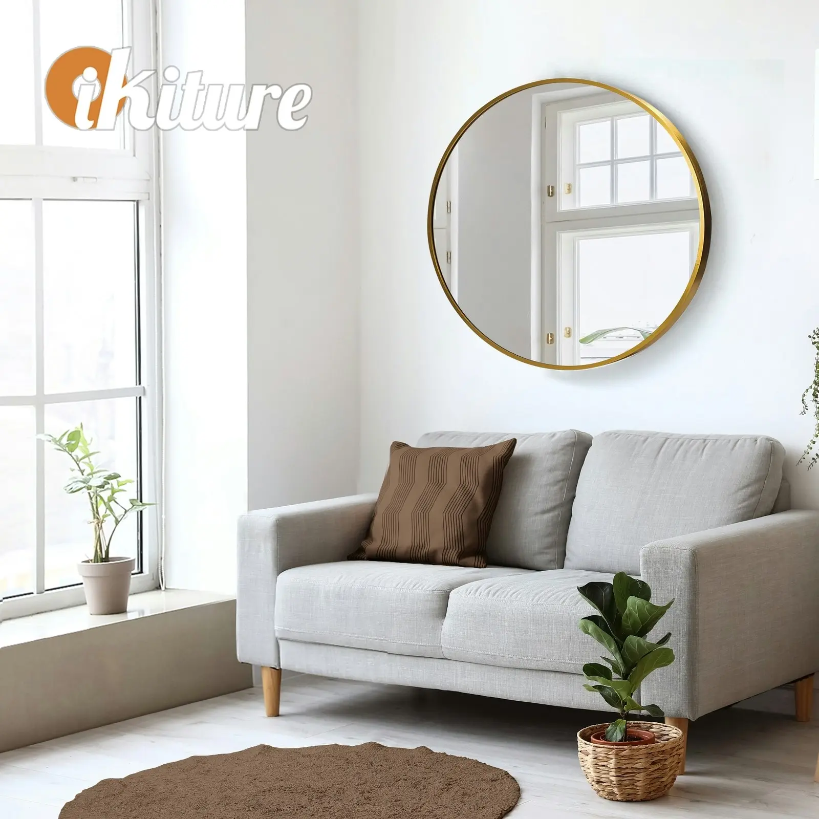 Oikiture 60cm Wall Mirrors Round Makeup Mirror Home Decor Gold Living Room