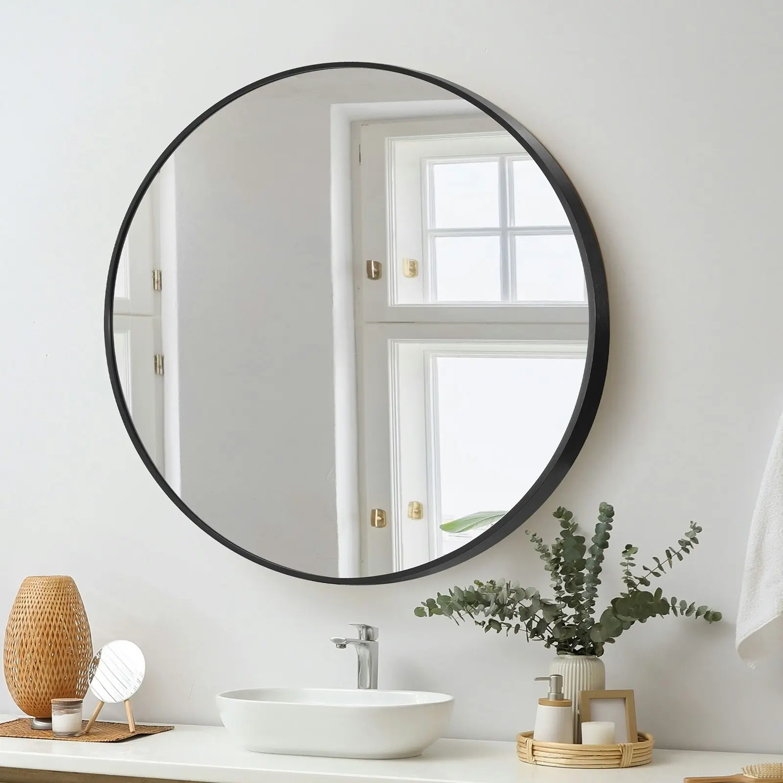 Oikiture Wall Mirrors Round Makeup Mirror Vanity Home Decorative Black 80cm