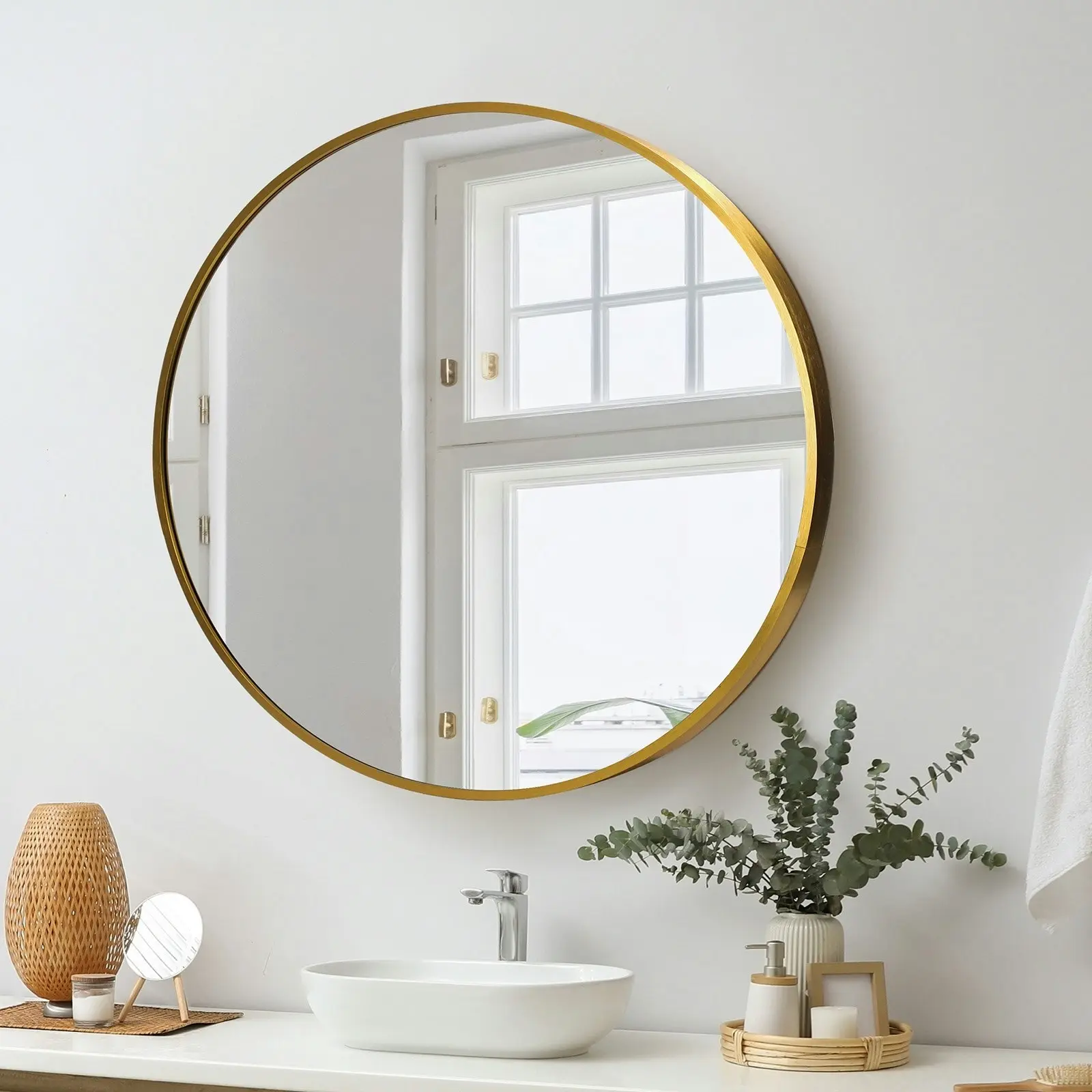 Oikiture Wall Mirrors Round 70cm Makeup Mirror Vanity Home Decor Gold