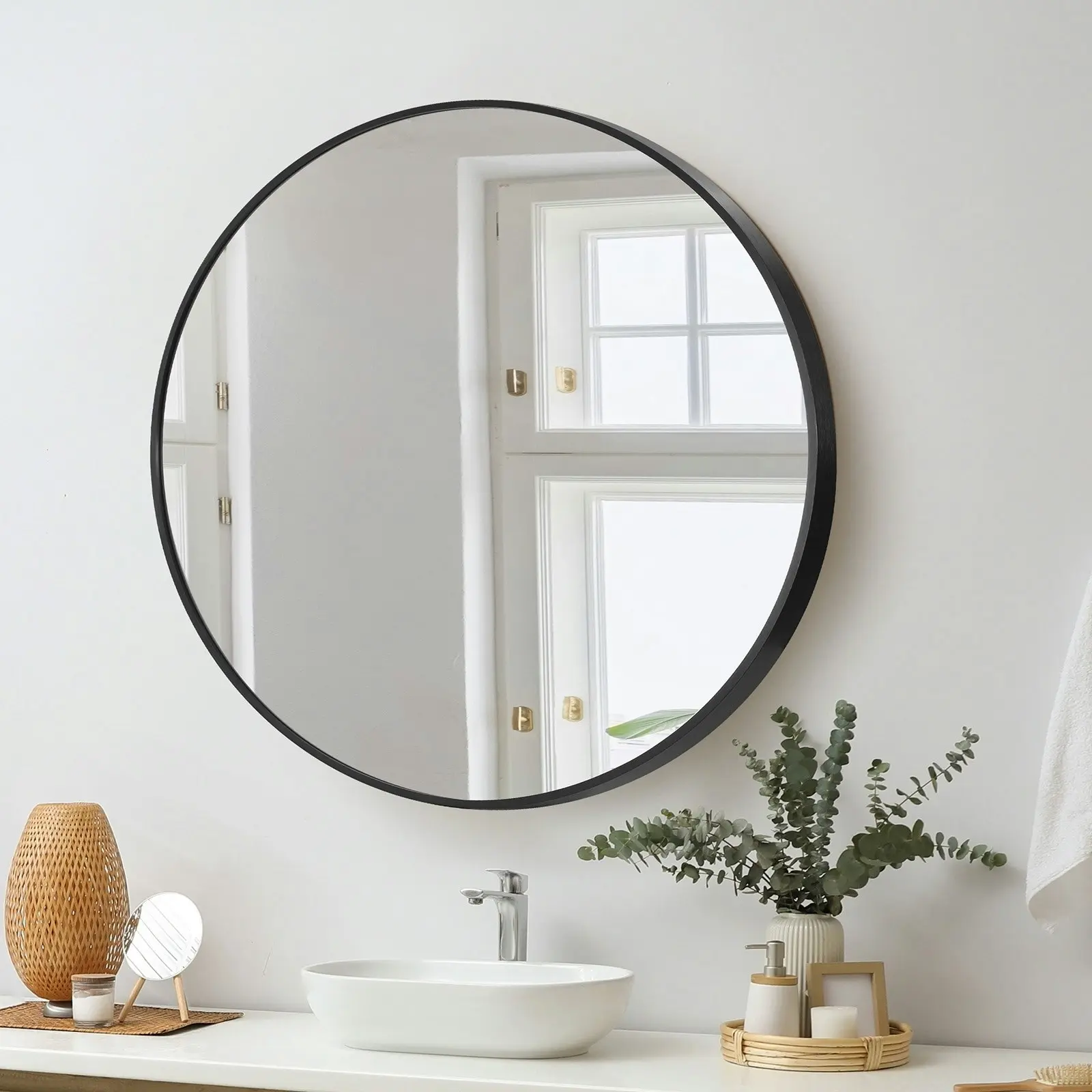 Oikiture Wall Mirrors Round 70cm Makeup Mirror Vanity Home Decor Black