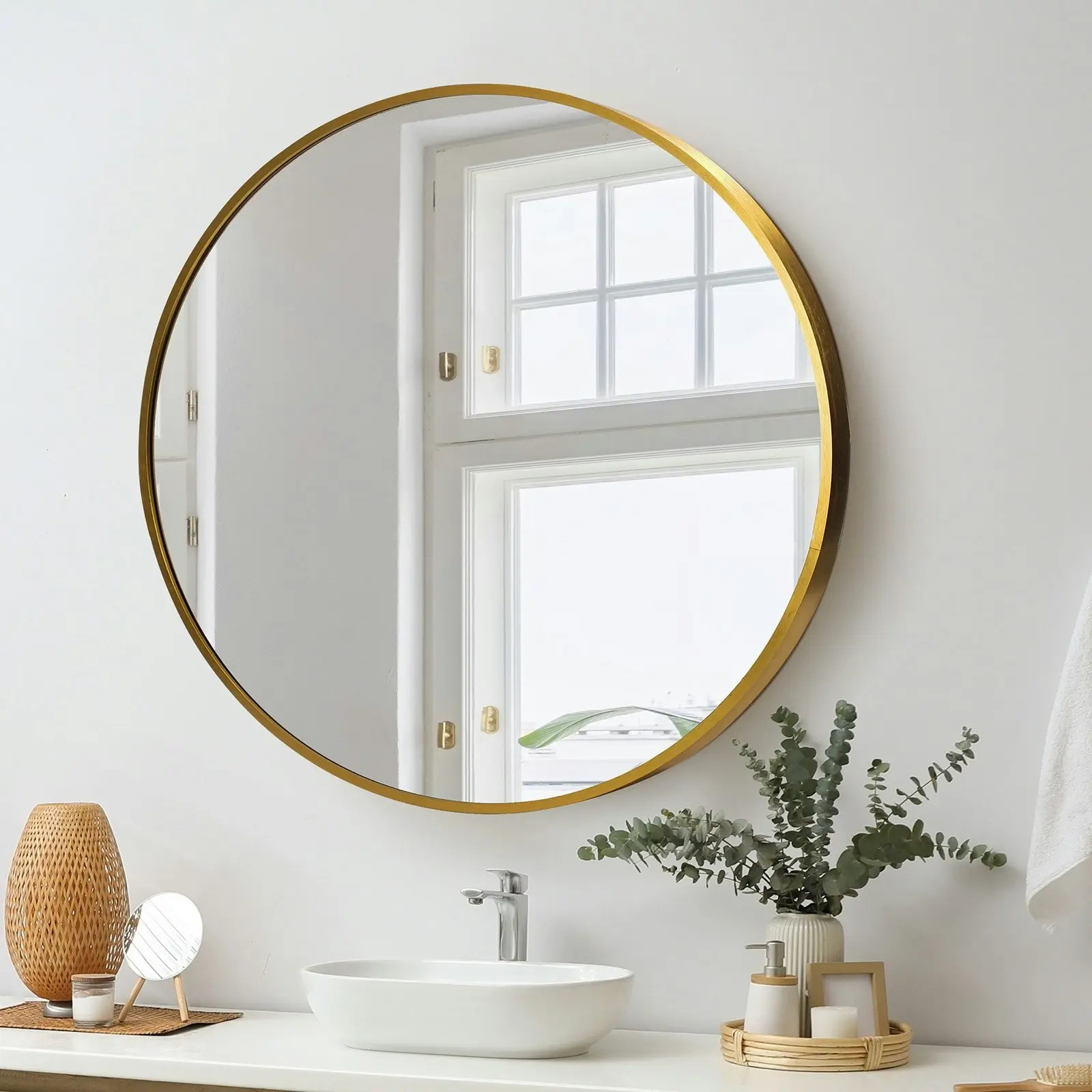 Oikiture Wall Mirrors Round Makeup Mirror Vanity Home Decorative Gold 80cm