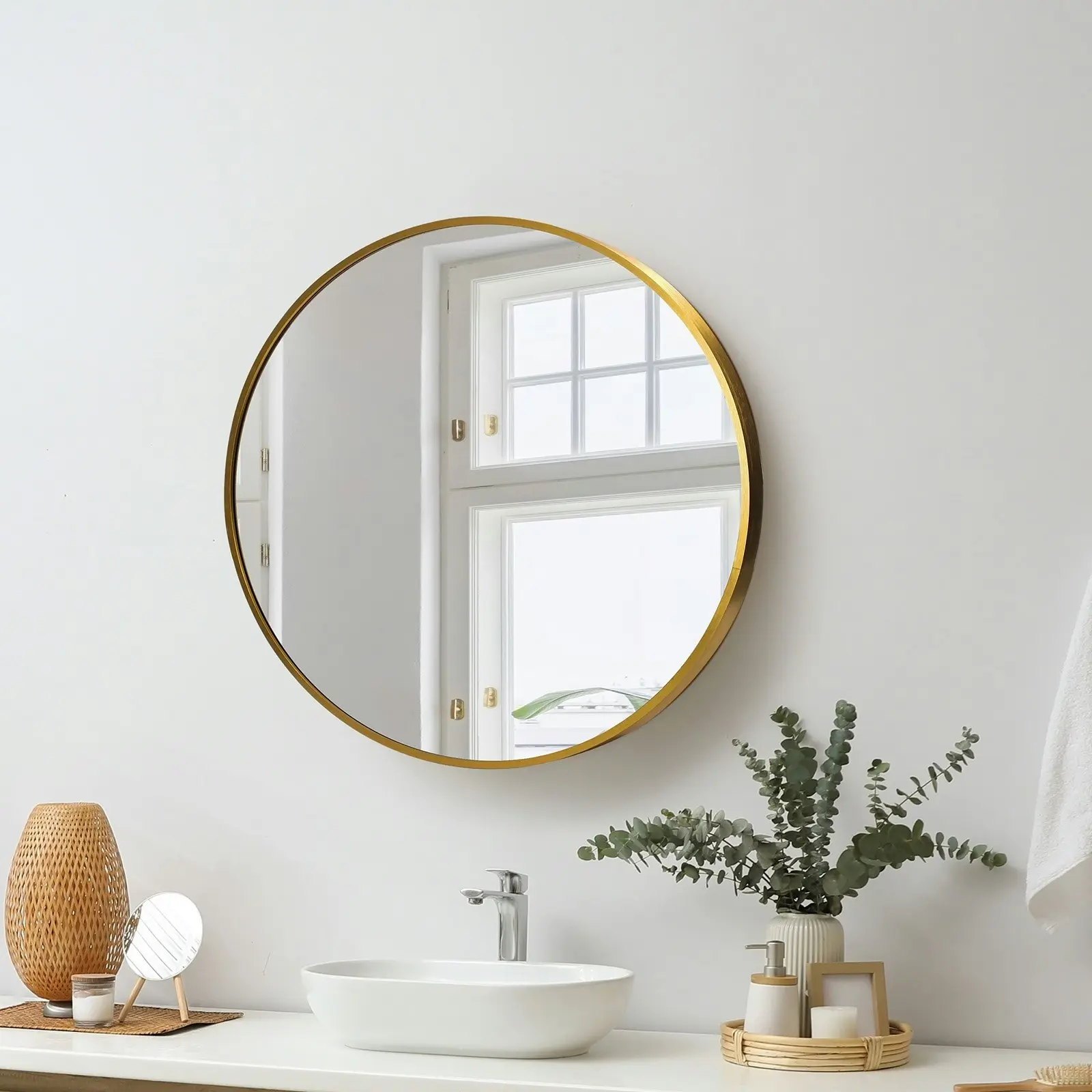 Oikiture Wall Mirrors Round Makeup Mirror Vanity Home Decor 50cm Gold Bedroom