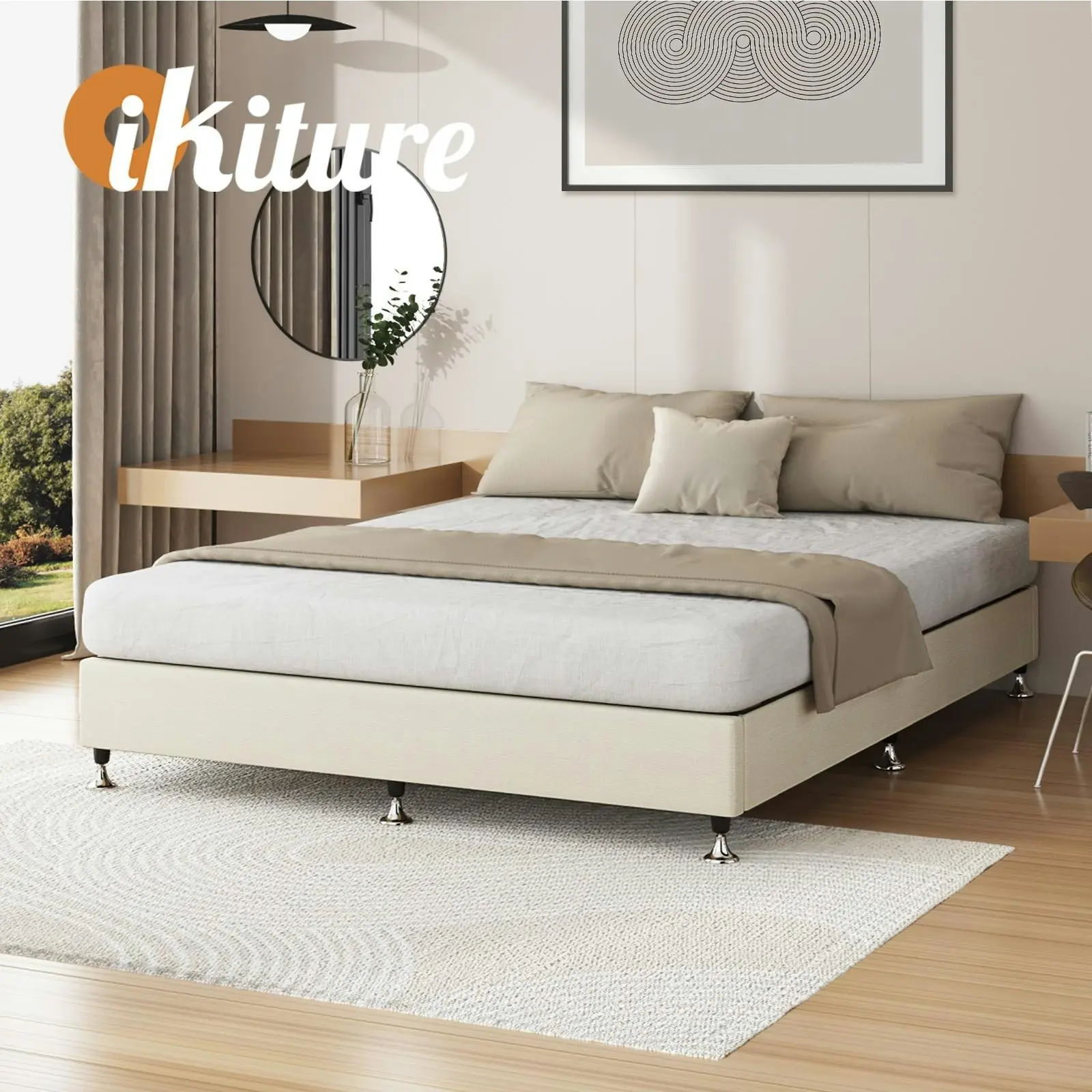 Oikiture Bed Frame Queen Size Bed Base Platform Beige