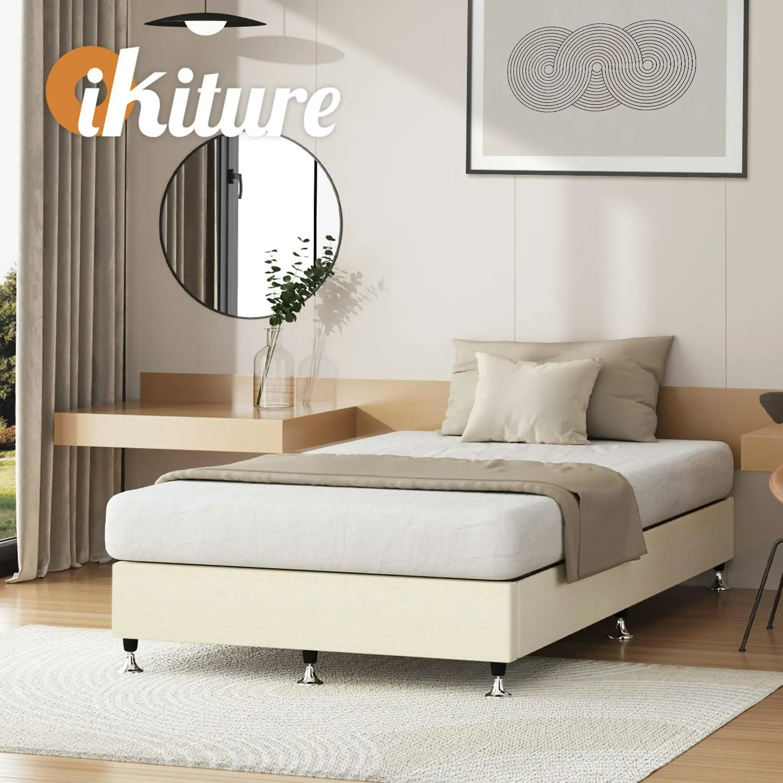 Oikiture Bed Frame Single Size Bed Base Platform Beige