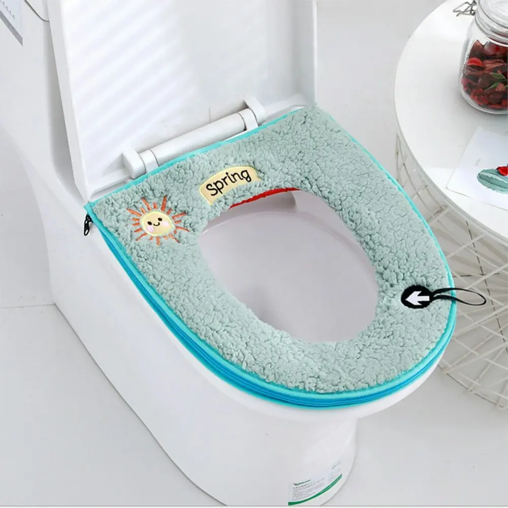 Warm Plush Toilet Seat Cover Pad with Handle and Zipper Washable and Reusable