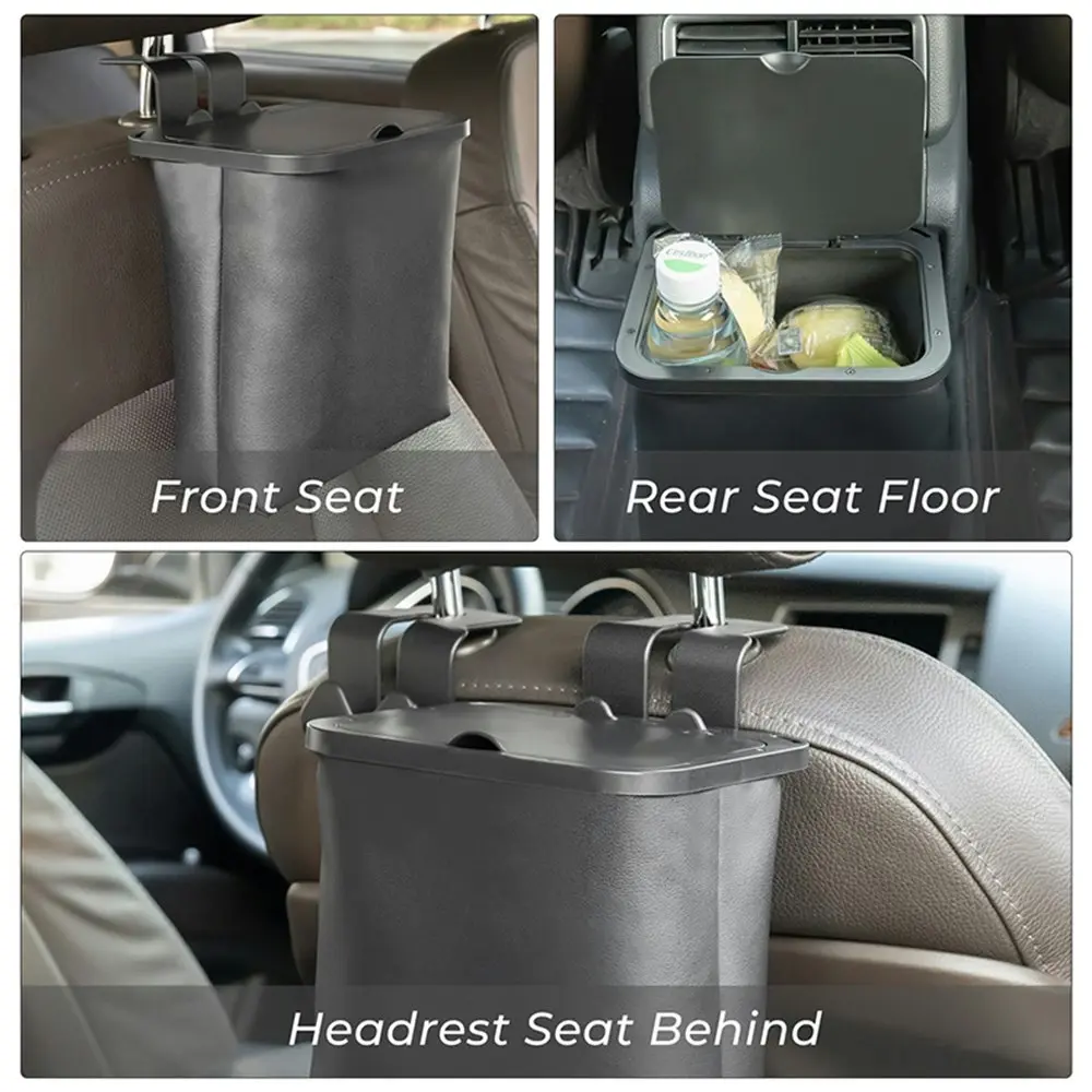 Car Trash Can Collapsible Car Garbage Can with Lid PU Leather Car Trash Bin