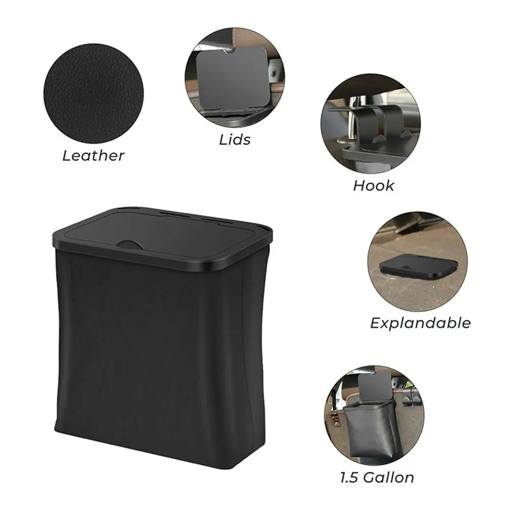 Car Trash Can Collapsible Car Garbage Can with Lid PU Leather Car Trash Bin