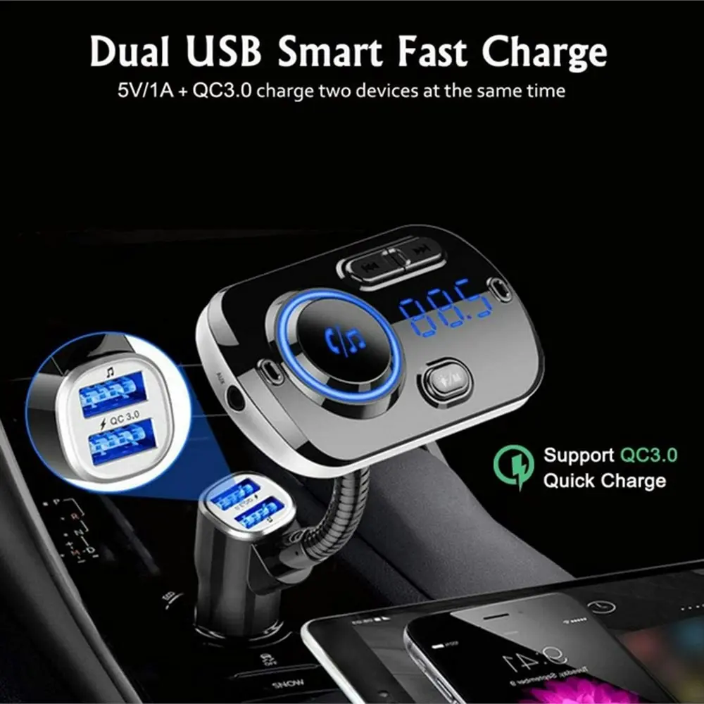 QC3.0 Bluetooth 5.0 FM Transmitter Dual USB Fast Charge Mp3 Player-Black