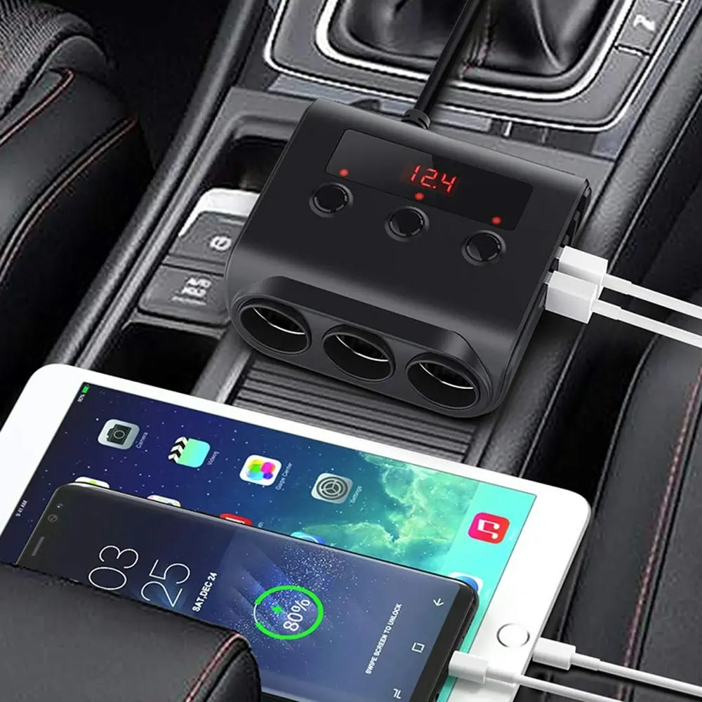 3 Socket Cigarette Lighter Adapter Car Charger With 4 USB Ports