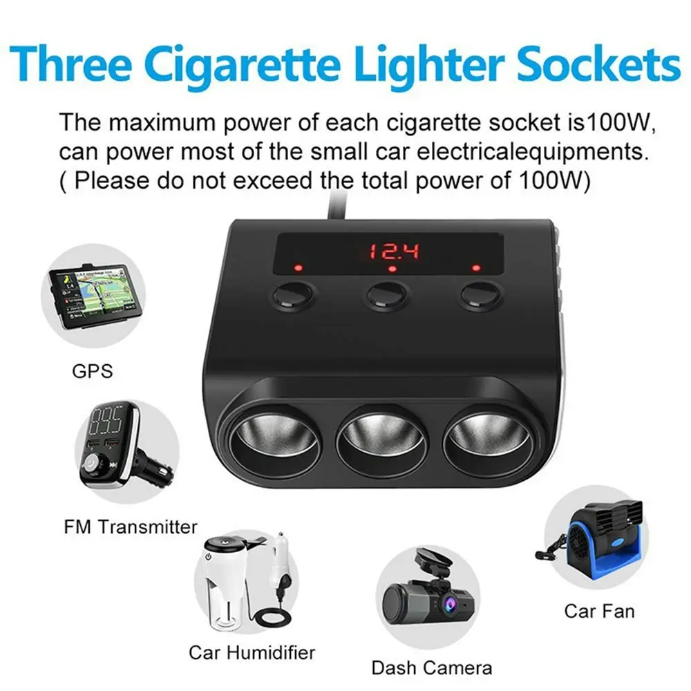 3 Socket Cigarette Lighter Adapter Car Charger With 4 USB Ports