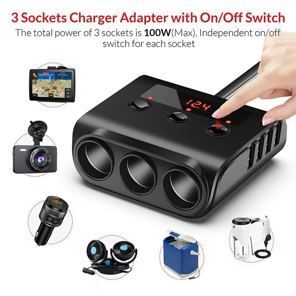 3 Socket Cigarette Lighter Adapter Car Charger With 4 USB Ports