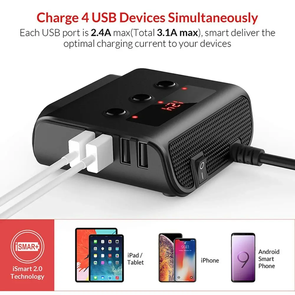 3 Socket Cigarette Lighter Adapter Car Charger With 4 USB Ports