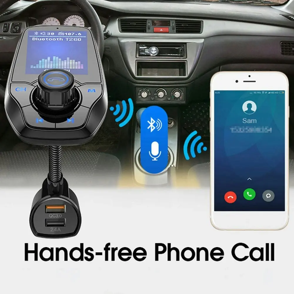 1.8 Inch Hands-Free Bluetooth FM Transmitter in-Car Wireless Radio Adapter Kit