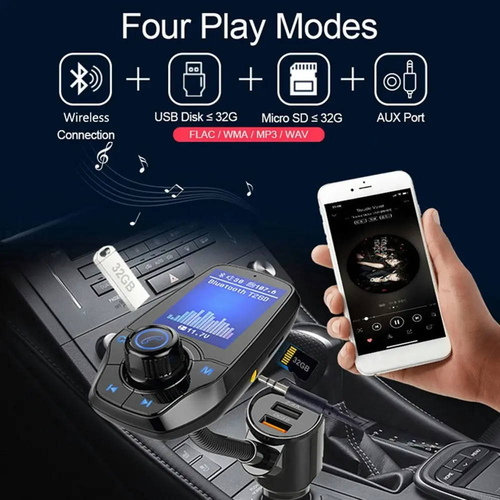 1.8 Inch Hands-Free Bluetooth FM Transmitter in-Car Wireless Radio Adapter Kit