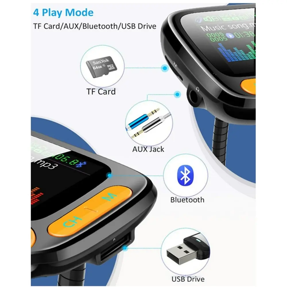 Bluetooth 5.0 Hands-Free FM transmitter Color screen car kit